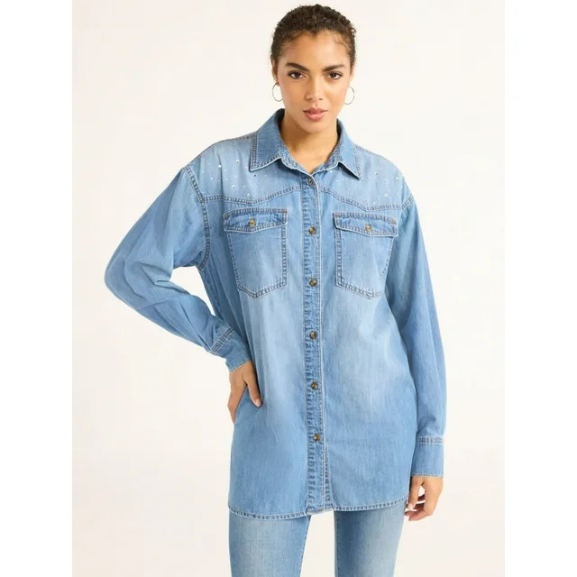 Sofia Jeans Women's Oversized Boyfriend Shirt with Long Sleeves, Sizes XS-XXXL | Walmart (US)