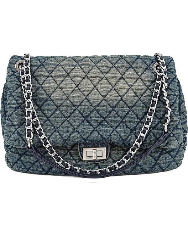 Quilted Denim Purse, Shoulder Bag for Women, Crossbody Flap Tote Bag,Silver Chain Hobo Bag, Vinta... | Amazon (US)