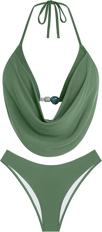 ZAFUL Women's Two Piece Bikini Sets Triangle Halter Swimsuit Deep V Cowl Neck Ruching Bathing Sui... | Amazon (US)