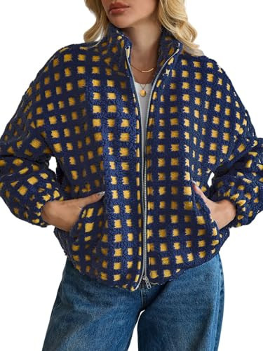 ALSOGO Womens Long Sleeve Checkered Sherpa Jacket Cropped Plaid Fleece Coats Zip Up Casual 2025 Warm Gingham Outwear with Pockets Navy blue M | Amazon (US)