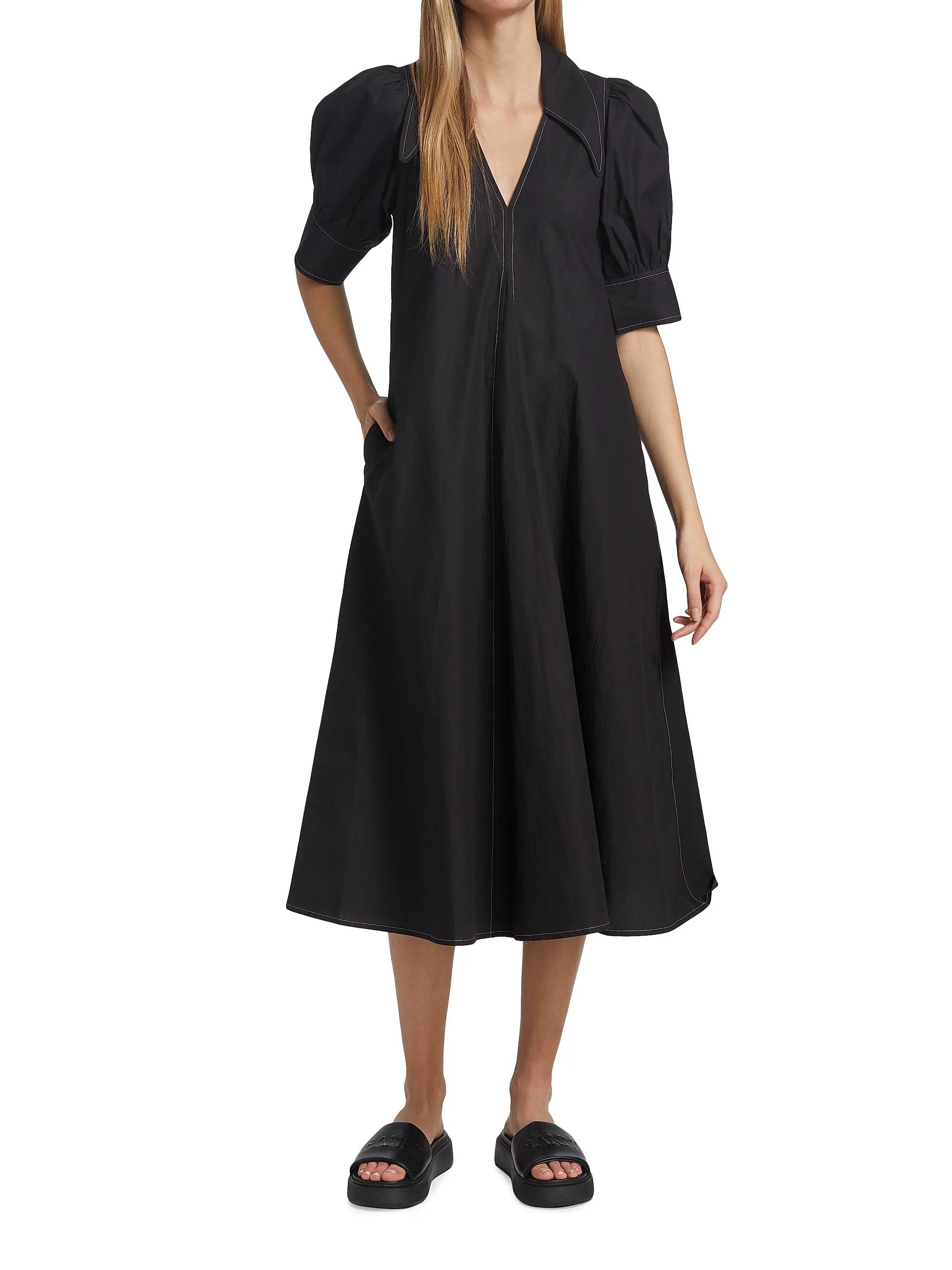 Cotton Poplin V-Neck Midi-Dress | Saks Fifth Avenue