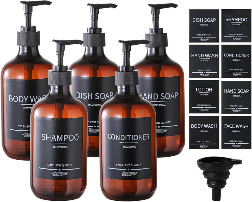 5-Pack Amber Refillable Shower Bottles With Labels - 16.9oz (500ml) Reusable Shampoo and Conditio... | Amazon (CA)