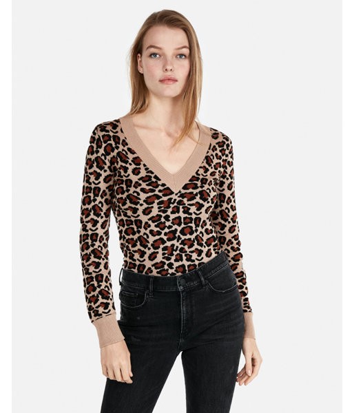 Express Womens Leopard Print Fitted V-Neck Sweater Leopard Women's Xxs Leopard Xxs | Express