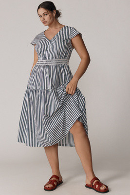 Universal Standard Plus Ambroeus Short-Sleeve Smocked Poplin Midi Dress | Anthropologie (US)