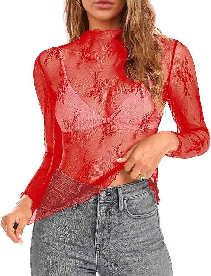 Aoulaydo lace Long Sleeve top for Women mesh Layering top Mock Neck Floral See Through Tops | Amazon (US)