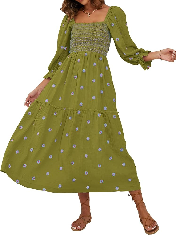 Bairmild Women's Flower Embroidered Maxi Dress Flowy Lantern Puff Sleeve Square Neck Casual Sprin... | Amazon (US)