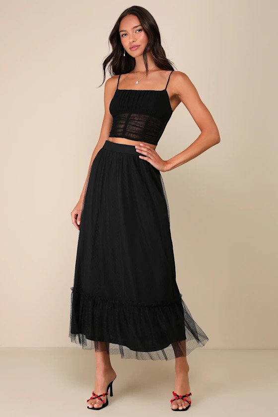 Absolutely Perfect Black Mesh Dot High-Rise Midi Skirt | Lulus