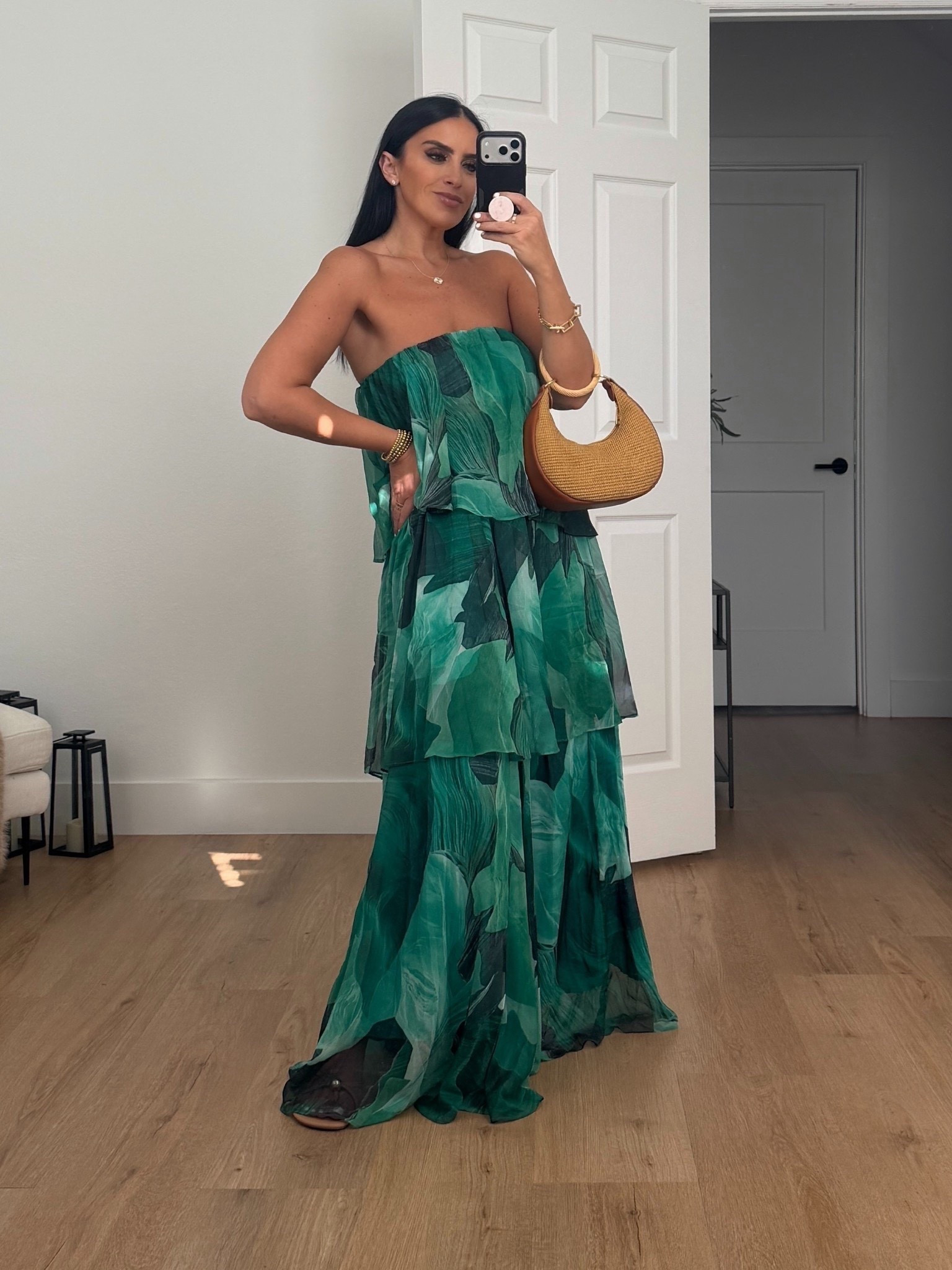 Petal & Pup Bloom Strapless Tiered Chiffon Maxi Dress wearing size small. 