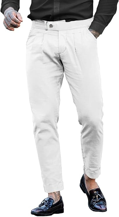 GINGTTO Mens White Linen Dress Lightweight Pants Slim Fit with Elastic Waistband and Curled Cuffs... | Amazon (US)