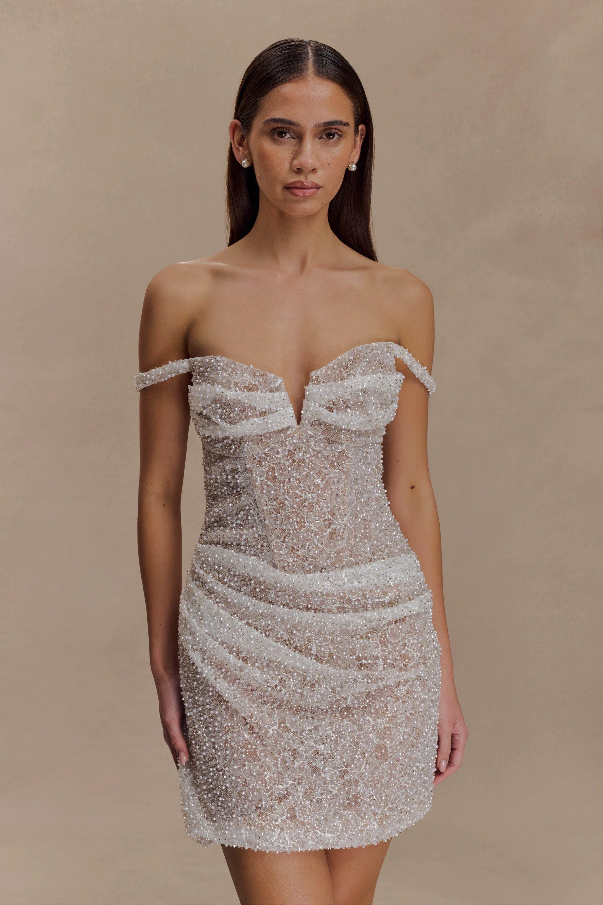 Connie Beaded Bodycon Mini Dress - Nude | MESHKI US