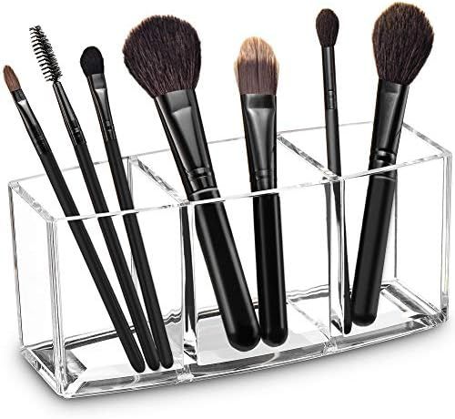Acrylic Makeup Brush Organizer Holder Clear Cosmetic Brushes Storage with 3 Slots | Amazon (US)