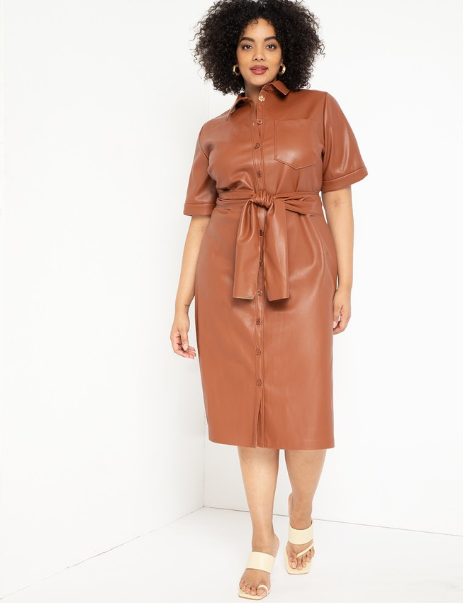 Faux Leather Trench Dress - Cognac | Eloquii
