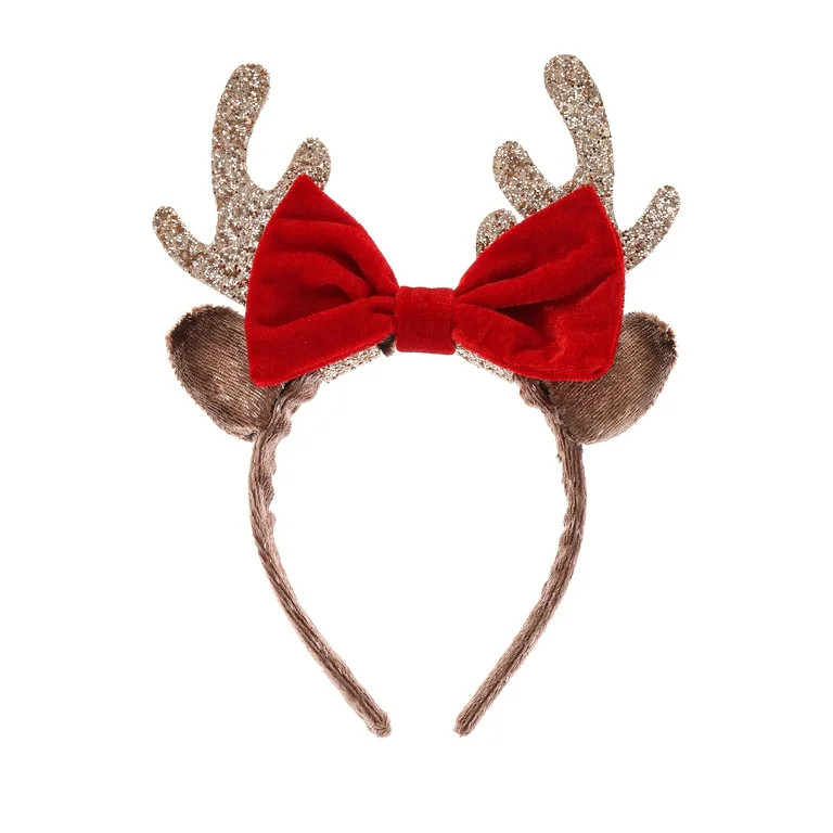 Holiday Time Sparkly Reindeer Antler Headband, Brown with Red Bow, 1 Piece - Walmart.com | Walmart (US)