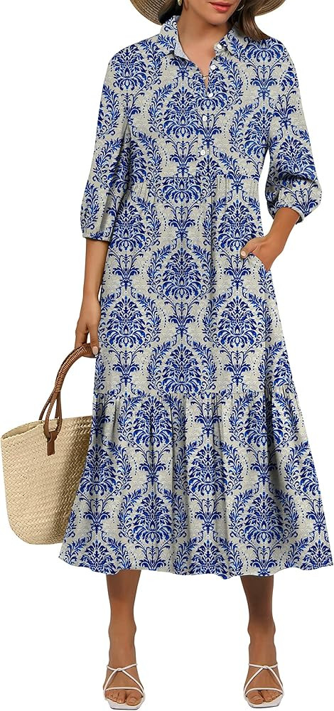 ANRABESS Women Summer Dress 2026 3/4 Puff Sleeve Polo V Neck Floral Print Casual Boho Shirt Maxi ... | Amazon (US)