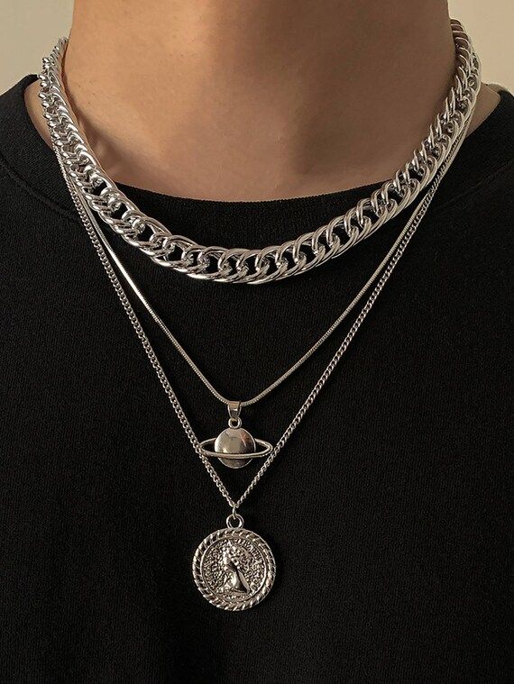 Men's multirow silver necklace coin pendant planet Saturn | Etsy | Etsy (US)