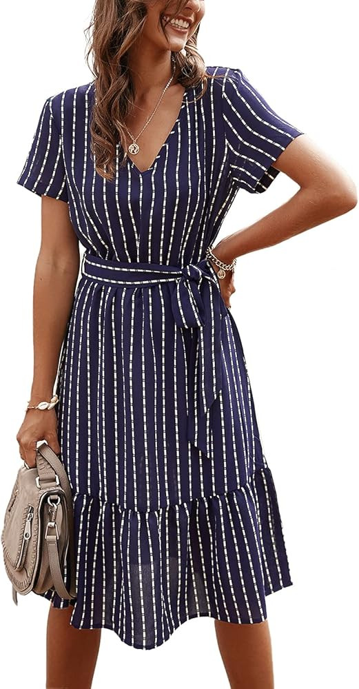 BROVAVE Women's Summer Short Sleeve V-Neck Striped Dress Tie Waist Casual Work Office Midi Dress | Amazon (US)