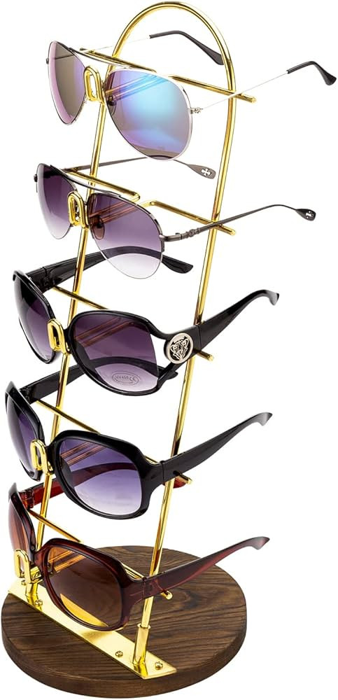 MyGift Modern 5-Tier Gold Metal Sunglasses Display Stand with Brown Wood Jewelry Ring Holder Base... | Amazon (US)