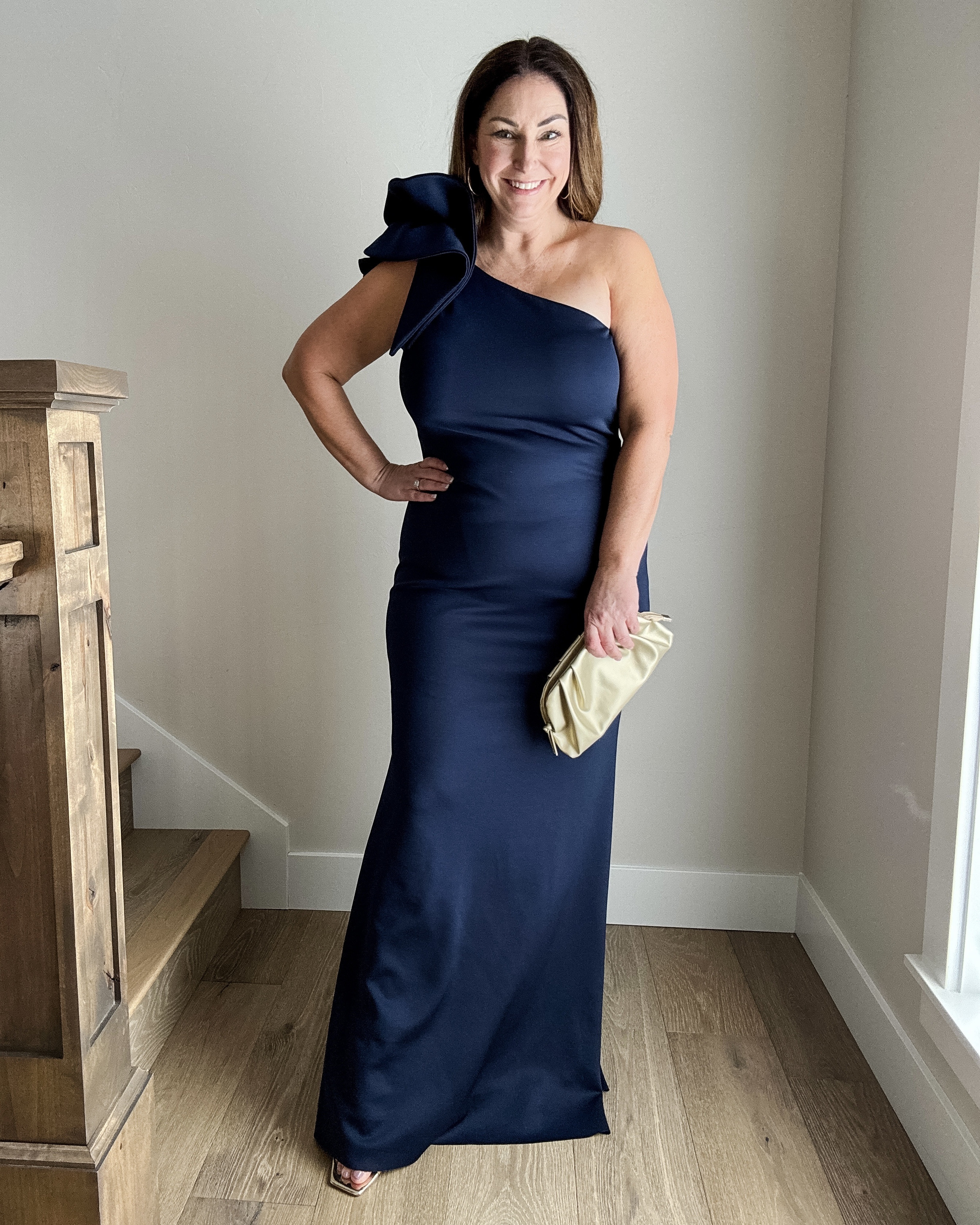 Long Navy formal dress with one shoulder ruffle! Has scuba stretch material and perfect length at 5’5 runs small wearing 14.

#LTKWedding #LTKParties #LTKOver40