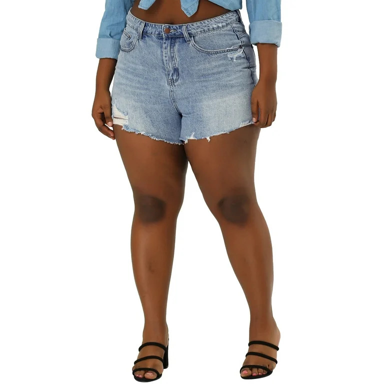 Agnes Orinda Women's Plus Size Jean Raw Hem Slash Pocket Distressed Denim Shorts | Walmart (US)