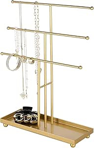 MyGift 3 Tier Brass Metal T-Bar Jewelry Organizer Stand, Necklace and Bracelet Hanging Display wi... | Amazon (US)