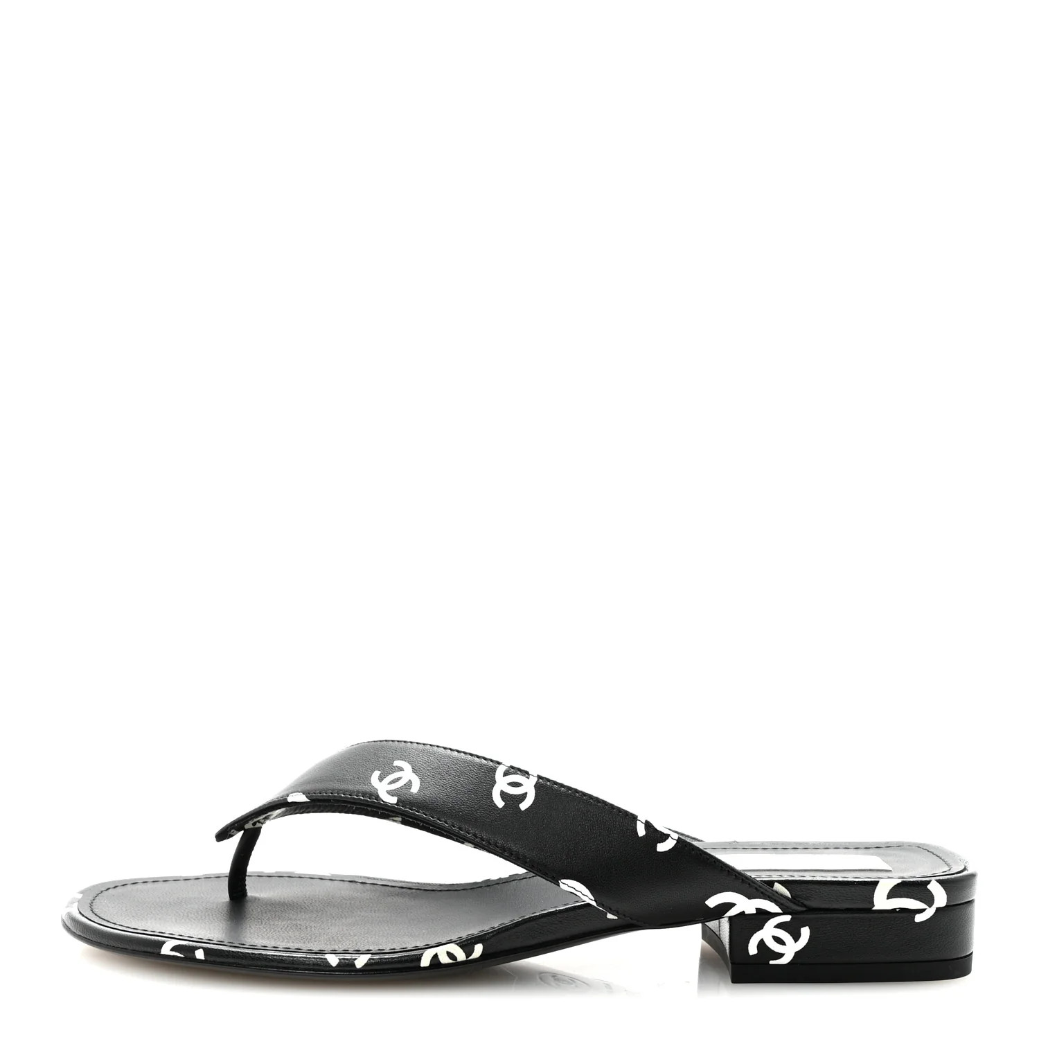 Lambskin Printed CC Thong Sandals 38.5 Black White | FASHIONPHILE (US)