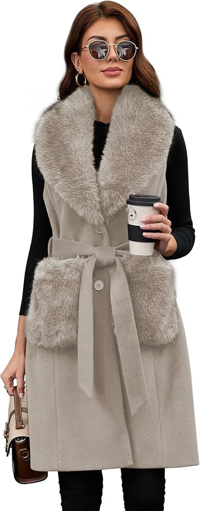 PAPILLON D'OR WEAR YOUR WINGS Women's Long Wool Vest with Belt & Detachable Faux Fur Collar&Pocke... | Amazon (US)
