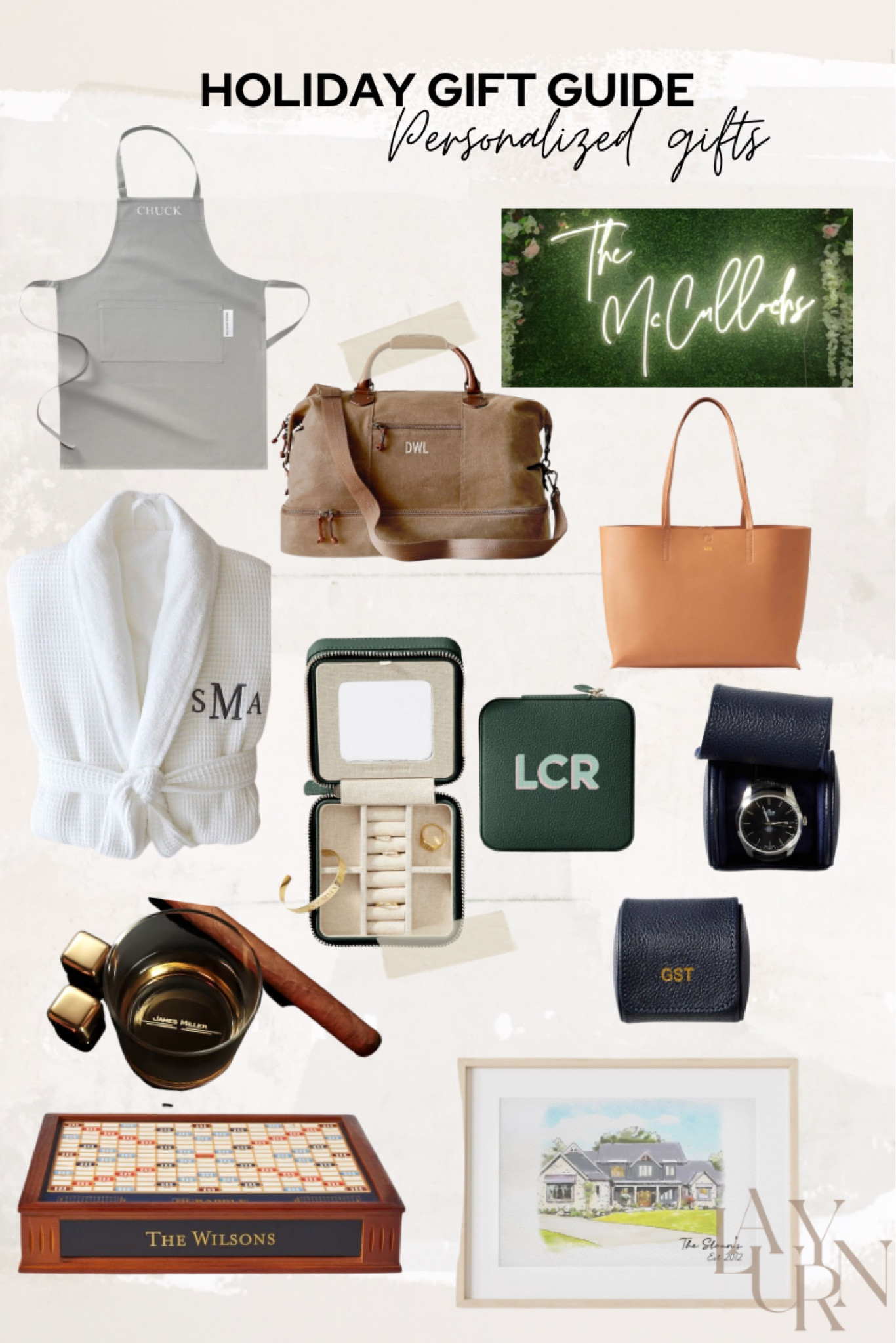Holiday gift guide: personalized gifts // monograms 

Jewelry case // tote // neon sign // bath robe