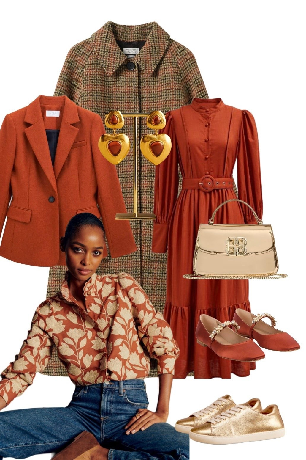 Check the product list for inspiration on how to partner the ultimate Autumn tones this season 🍁 Think maple syrup and shimmering gold to elevate those orange notes. 

Chlo Blouse, Gold Jack trainers & heart earrings - Sezane

Jess Orange Textured Wool Jacket - Hobbs London from John Lewis 

Gold Bag and Satin Embellished Flat Mary Janes - LK Bennett 

Lantern Sleeved Midi Dress - Chicwish 

Coat - Toast