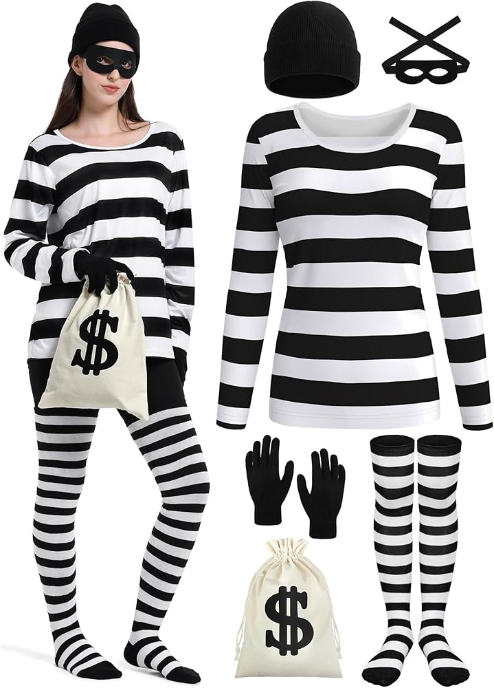 6 PCS Halloween Costume Set, Womens Robber Costume Set Adult Halloween Cosplay Costume Burglar Sh... | Amazon (US)