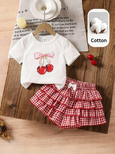 LMoss Kids LMoss  2pcs/Set Young Girl Solid Color Knit Crew Neck Casual T-Shirt And Plaid Casual ... | SHEIN