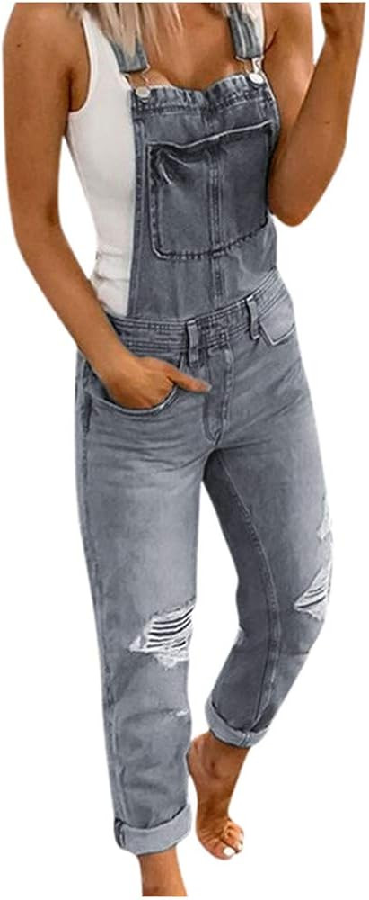 Petite to Plus Size Casual Jumpsuits Denim Jeans Bib Washed Overalls Rompers Ripped Women's Denim... | Amazon (US)