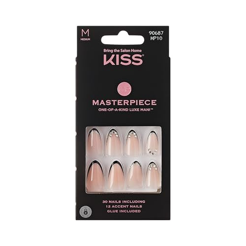 KISS Masterpiece French Tip Press On Nails, Black, Medium Almond, 12 Jeweled Accents, Glossy Finish Nail Kit Contains 30 Fake Nails, Pink Gel Nail Glue 2g (0.07 Oz.), Manicure Stick, & Mini Nail File | Amazon (US)