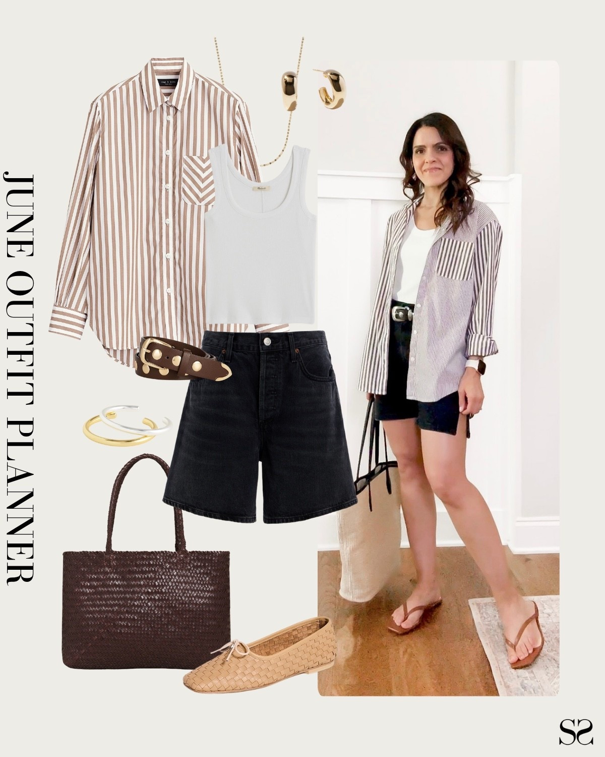 Monthly outfit planner JUNE: what I planned vs how it’s worn: Spring & Summer looks, saved + styled outfit inspo | striped button up, black denim shorts, woven leather tote, embellished belt, tank, woven flats 

#springoutfit #summeroutfit #casualstyle 

#LTKStyleTip