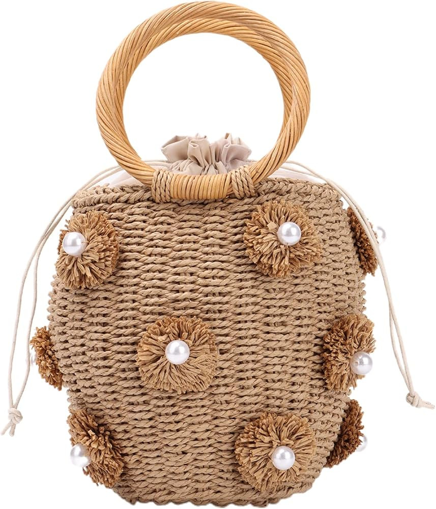 Lanpet Straw Beach Bag for Women Summer Drawstring Woven Tote Bag Flower Pearls Bucket Handbags | Amazon (US)