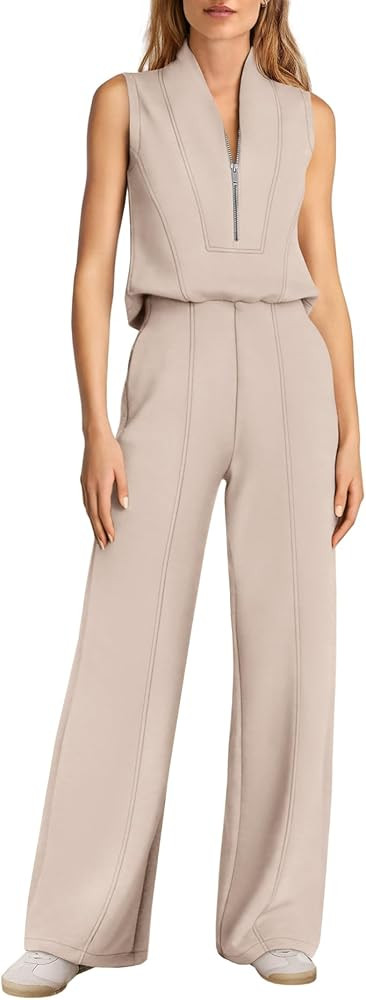 Features: Summer jumpsuits for women featured with v neck, zip up, back open design, wide leg, ca... | Amazon (US)