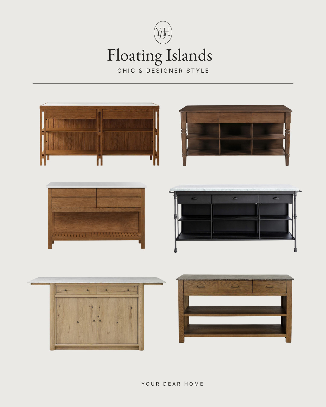 Kitchen islands really do set the tone for the entire kitchen, and I’m loving styles lately that feel more furniture-like instead of bulky and builder grade. Think warm wood tones, open shelving, turned legs, marble tops, and pieces that add character while still being functional. These floating islands make a kitchen feel layered, custom, and designer styled in the best way. 🤎 

 #LTKHome