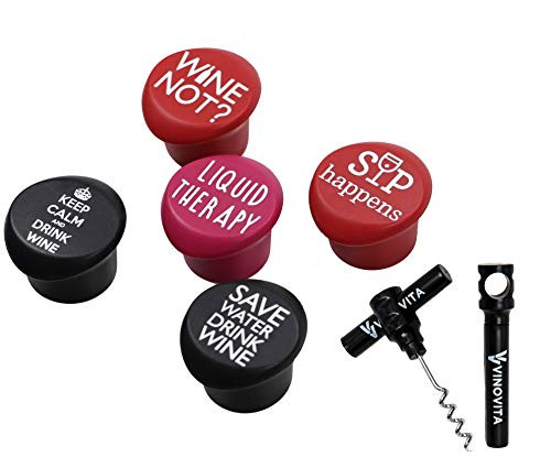 Funny Wine Stoppers (Set of 5) With Travel Corkscrew by Vinovita | Food Grade Silicone, Reusable, Le | Amazon (US)