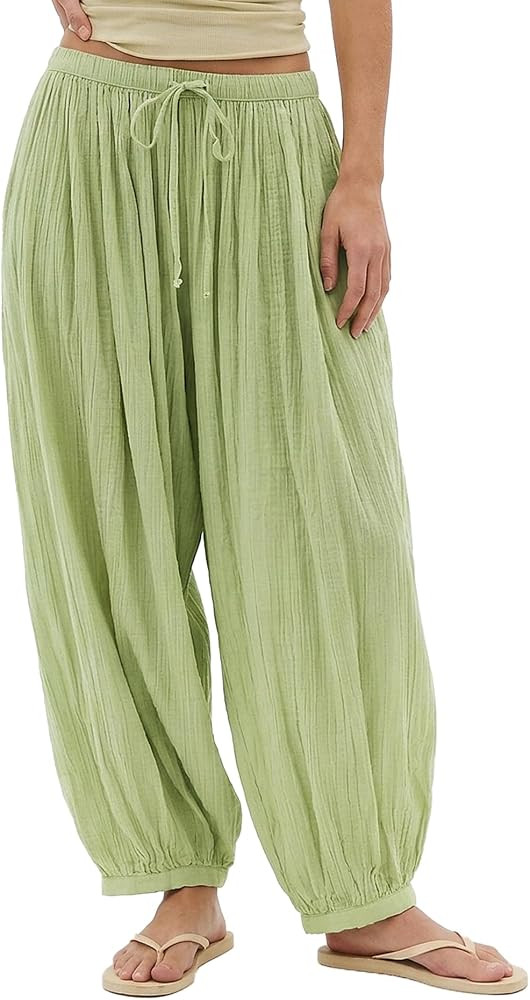 Jenkoon Womens Balloon Pants Summer Flowy Wide Leg Pants Cotton Blend Drawstring Vacation Beach P... | Amazon (US)