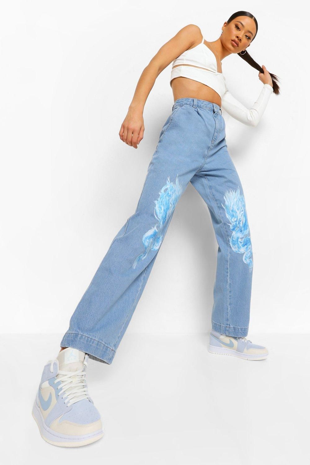 Spliced Flame Print Boyfriend Jeans | Boohoo.com (US & CA)