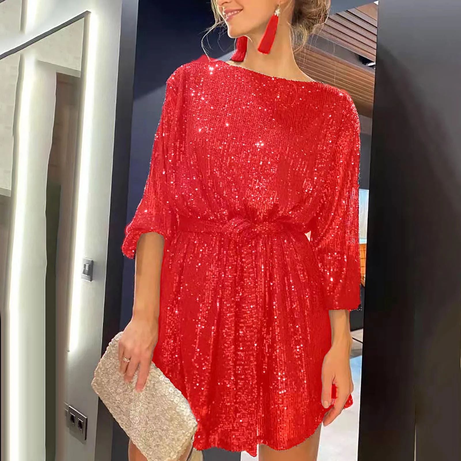 symoid Long Dresses for Women- Fashion Crewneck Sequin Long Sleeve Solid Mini Dress Party Dress f... | Walmart (US)