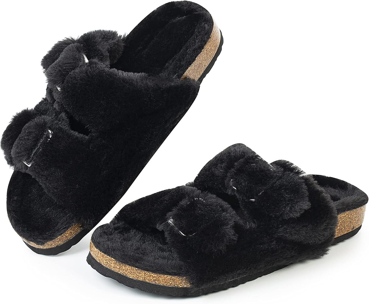 FITORY Womens Open Toe Slipper with Cozy Lining,Faux Rabbit Fur Cork Slide Sandals Size 6-11 | Amazon (US)