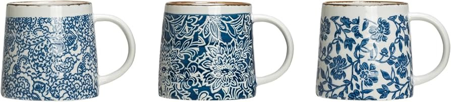 Creative Co-Op Blue & White Hand-Stamped Stoneware Mug with Gold Rim (Set of 3 Patterns) Mugs & C... | Amazon (US)