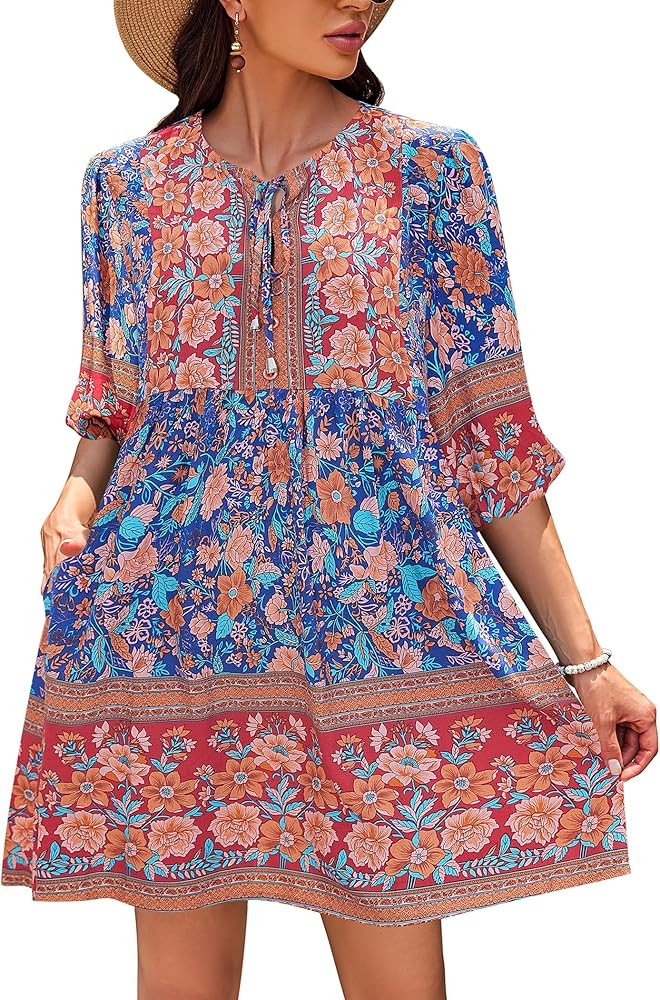 Chigant Women's Summer Boho Dress with Pockets Casual Loose Vintage Floral Swing 3/4 Sleeve V Nec... | Amazon (US)