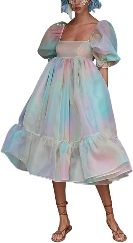 Womens Puff Sleeve Tulle Princess Dress Fairy Ruffle Flowy Mesh Mini Summer Dresses Corset Selkie Po | Amazon (US)