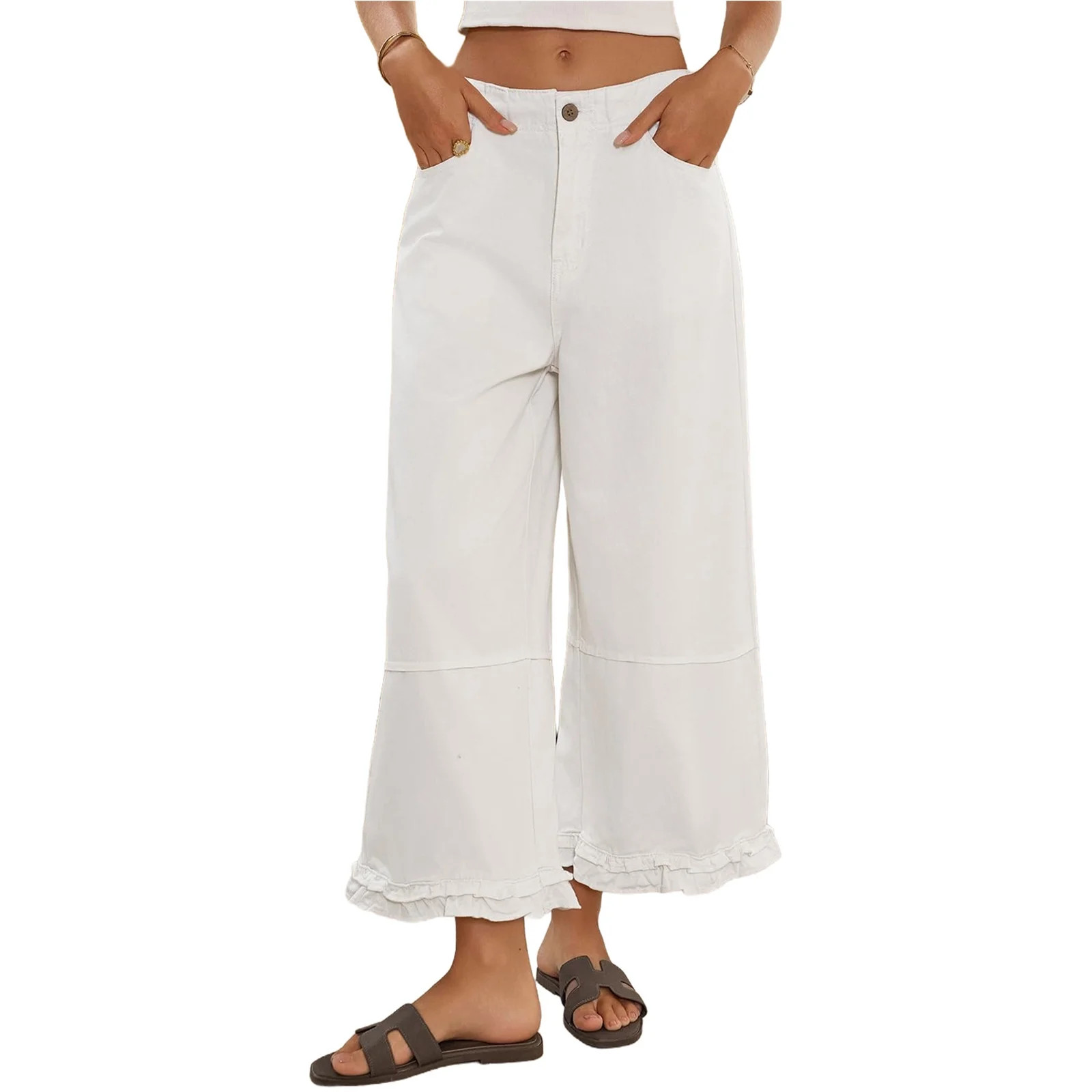 Women Ruffle Patchwork Wide Leg Casual Denim Pants Ankle Jeans | Walmart (US)