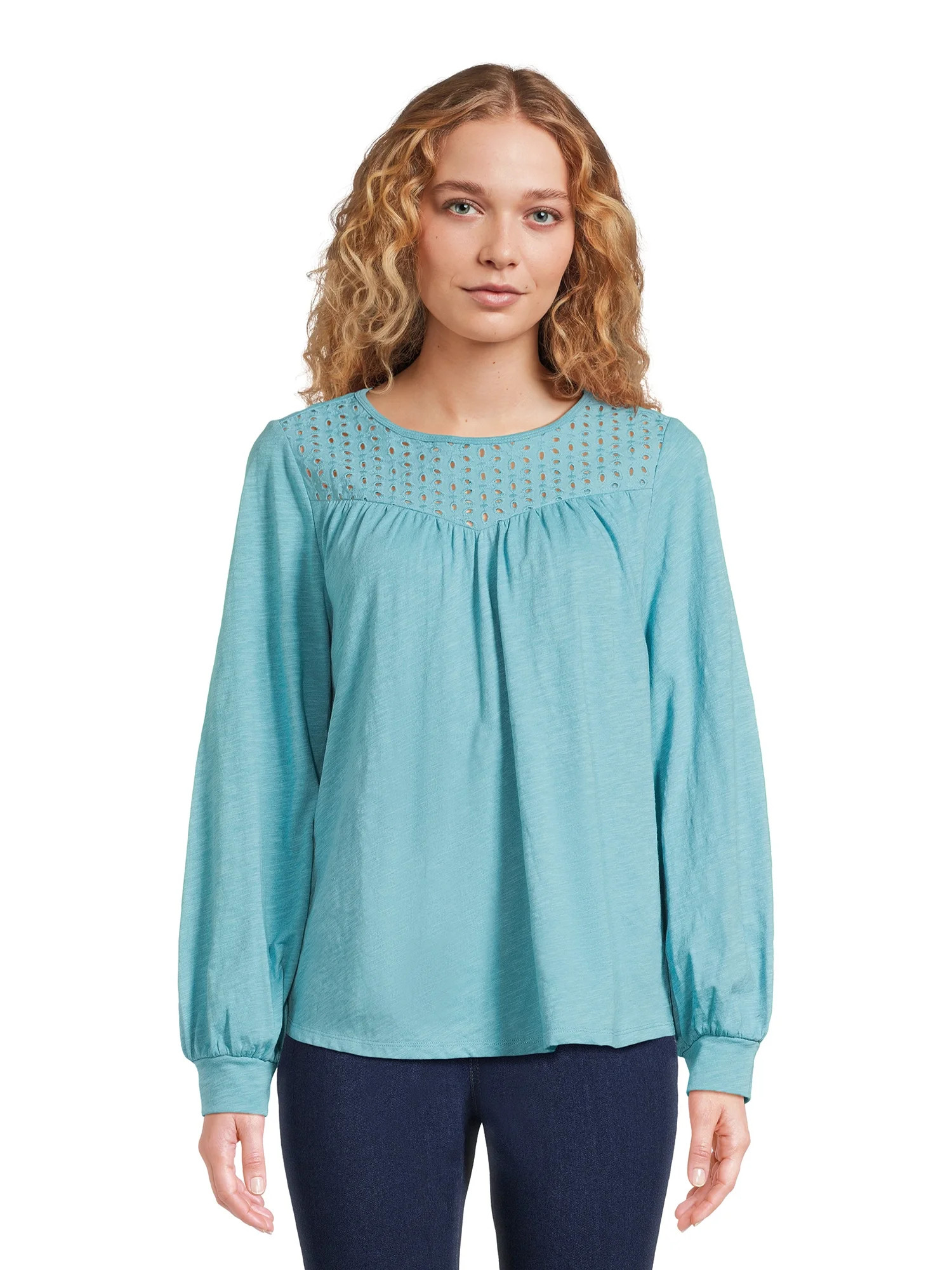 Time and Tru Women's Eyelet Top with Long Sleeves, Sizes XS-XXXL | Walmart (US)