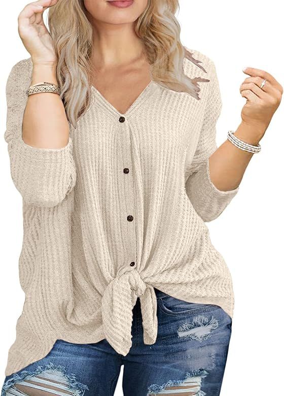 OLRIK Womens Plus Size Tops Long Sleeve V Neck Waffle Knit Tunic Blouse Tie Front Button Up | Amazon (US)