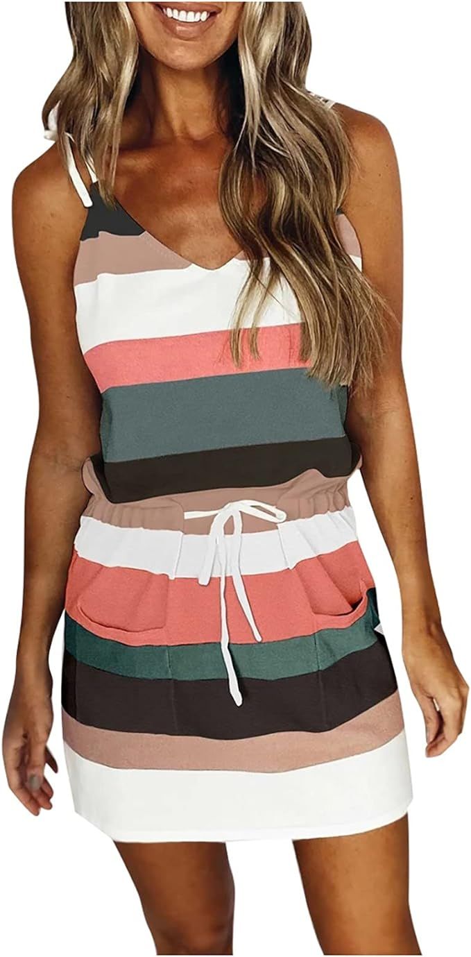 Dresses for Women 2022, Women Summer Casual Striped Dress V Neck Spaghetti Strap Mini Dress Elast... | Amazon (US)