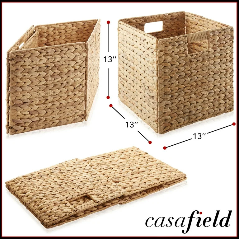 Casafield 13" x 13" Water Hyacinth Storage Baskets, Natural - Set of 4 Collapsible Cube Organizer... | Walmart (US)