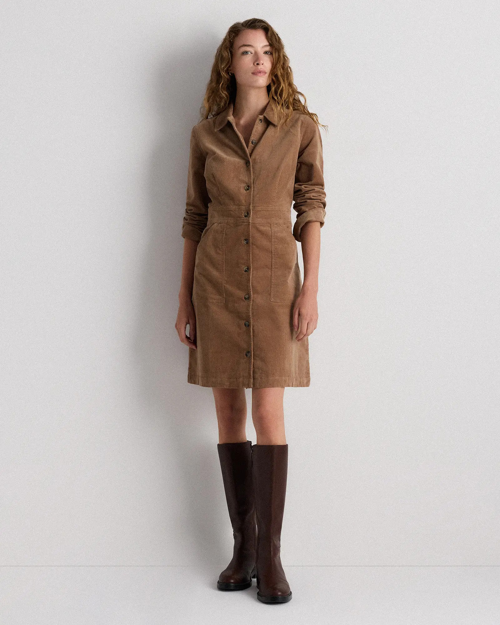 Organic Stretch Corduroy Mini Shirt Dress in Warm Brown | Quince